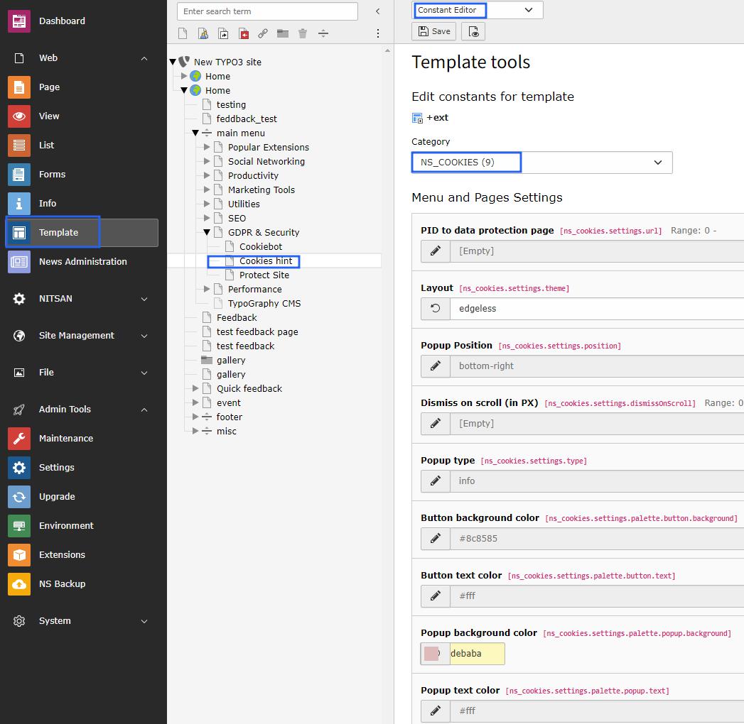 Settings of Cookies Hint plugin configurations