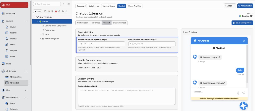 Chatbot General configuration with page visibility and live preview